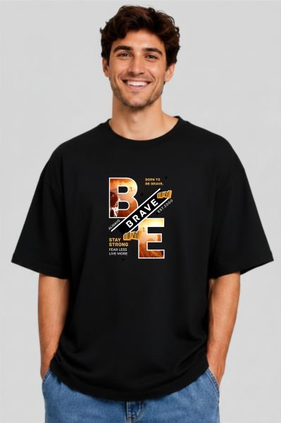 Men~s Black Brave Modern Typography Oversized T-shirt