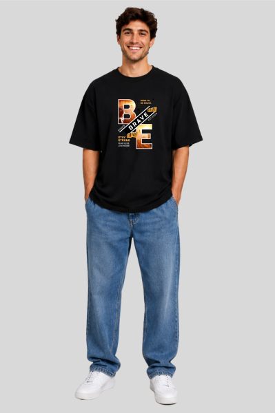 Men's Black Brave Modern Typography Oversized T-shirt