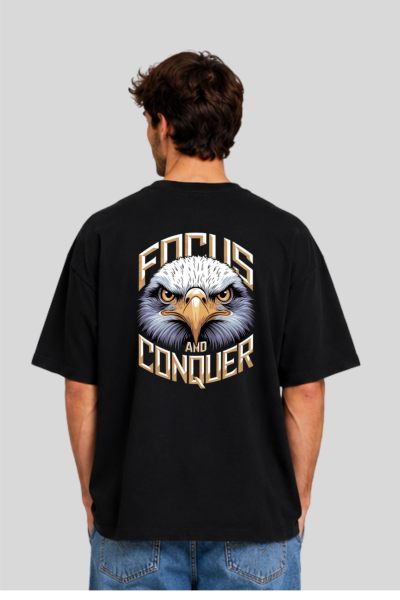 Men~s Black Focus And Conquer Graphic Oversized T-shirt