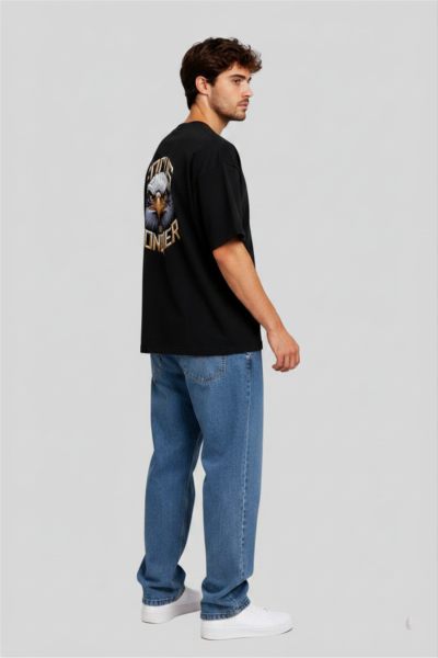 Men's Black Focus And Conquer Graphic Oversized T-shirt