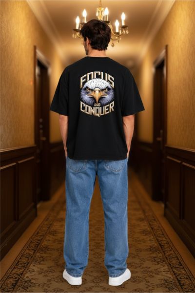 Men's Black Focus And Conquer Graphic Oversized T-shirt