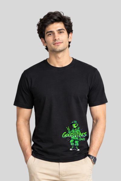 Men~s Black Good Vibes  Graphic Regular Round Neck T-shirt