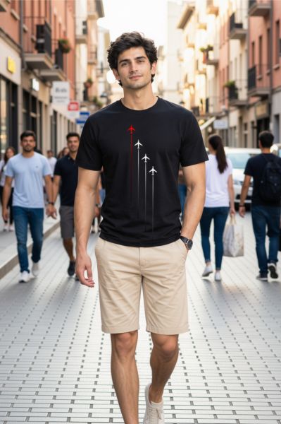 Men~s Black Air craft Graphic Regular Round Neck T-shirt