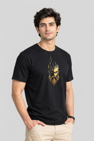 Men~s Black Warrior Graphic Regular Round Neck T-shirt