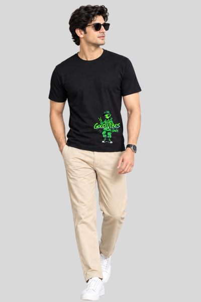 Men's Black Good Vibes  Graphic Regular Round Neck T-shirt