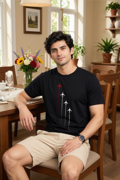 Men's Black Air craft Graphic Regular Round Neck T-shirt