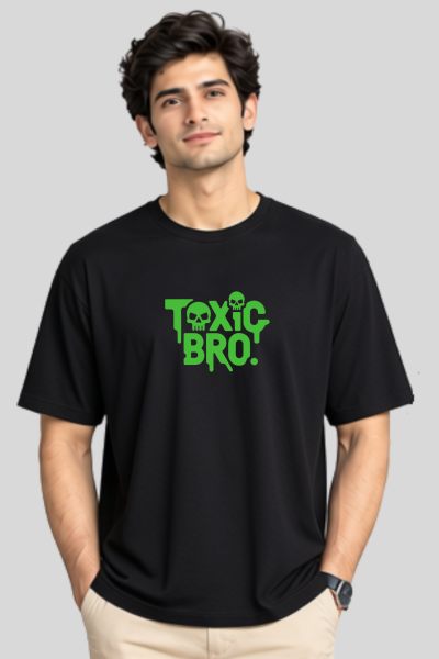 Men~s Black Toxic Bro Typograpy Oversized T-shirt