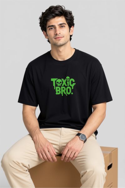 Men's Black Toxic Bro Typograpy Oversized T-shirt