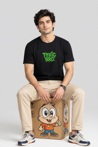 Men's Black Toxic Bro Typographic Oversized T-shirt