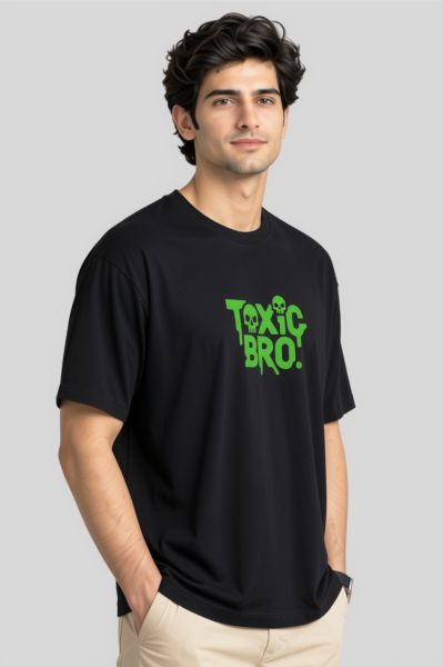 Men's Black Toxic Bro Typograpy Oversized T-shirt