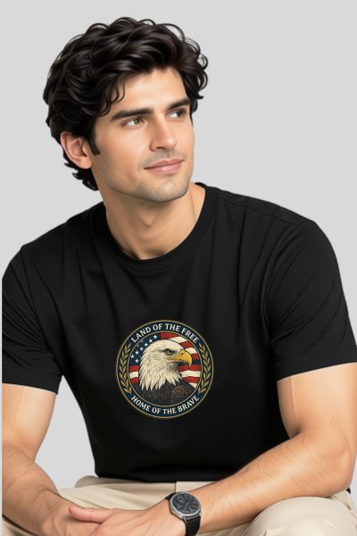 Men~s Black Eagle Graphic Regular Round Neck T-shirt 