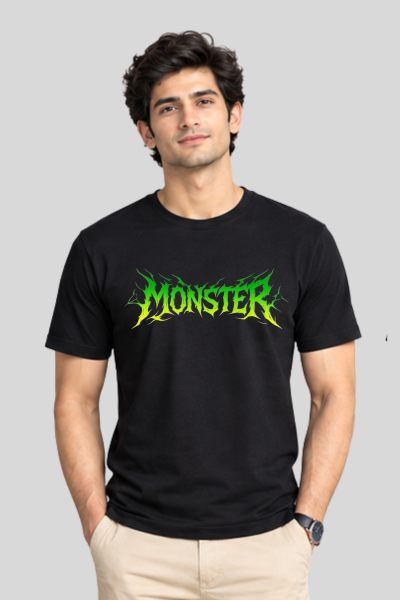 Men~s Black  Monster Typography Regular Round Neck T-shirt 