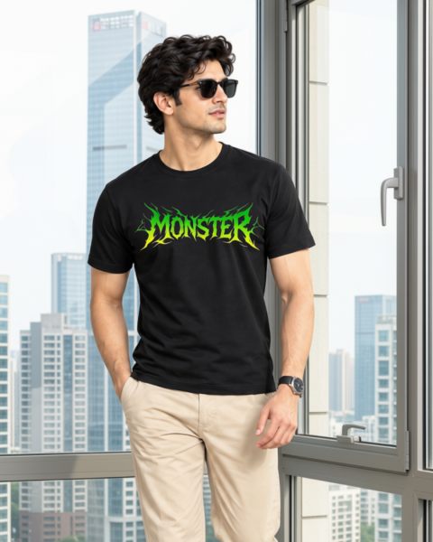 Men's Black  Monster Typography Regular Round Neck T-shirt