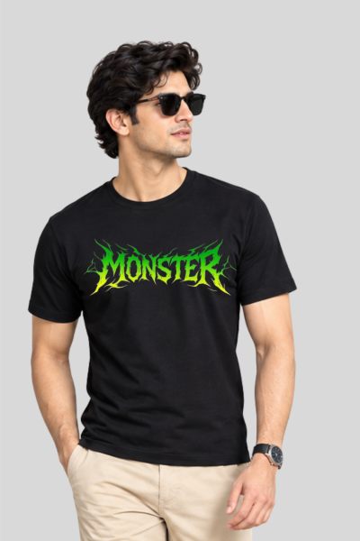 Men's Black  Monster Typography Regular Round Neck T-shirt