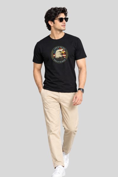 Men's Black Eagle Graphic Regular Round Neck T-shirt