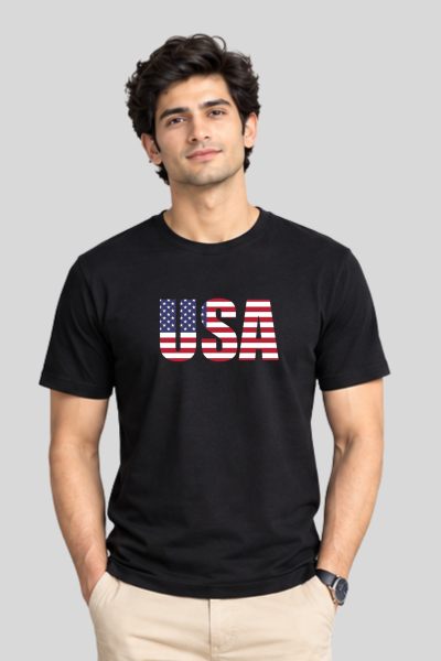 Men~s Black USA Typography Regular Round Neck T-shirt