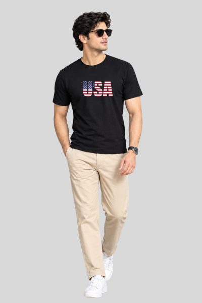 Men's Black USA Typography Regular Round Neck T-shirt