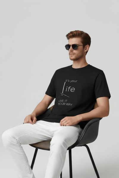 Men~s Black Clock Typography Round neck T-shirt