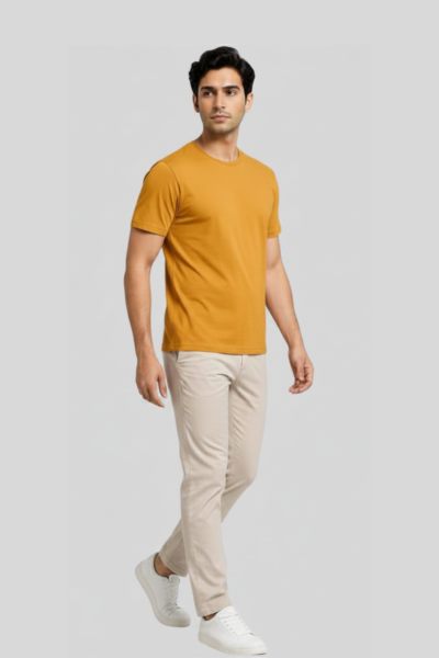 Men's Eta Mustard Yellow Solid Round Neck T-shirt