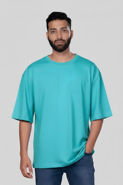 Men~s Leo Cyan Solid Round Neck Oversized  T-shirt