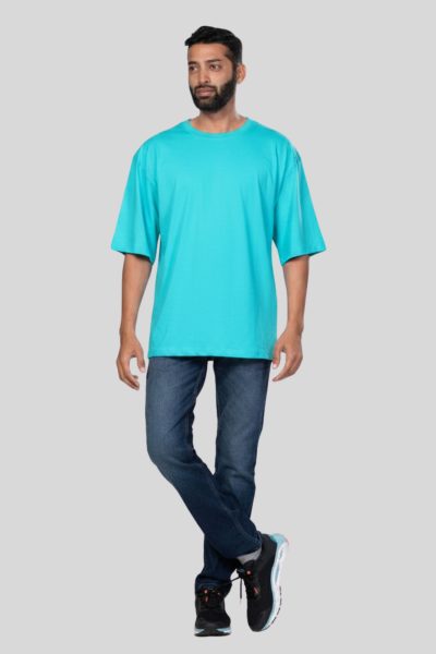 Men's Leo Cyan Solid Round Neck Oversized  T-shirt