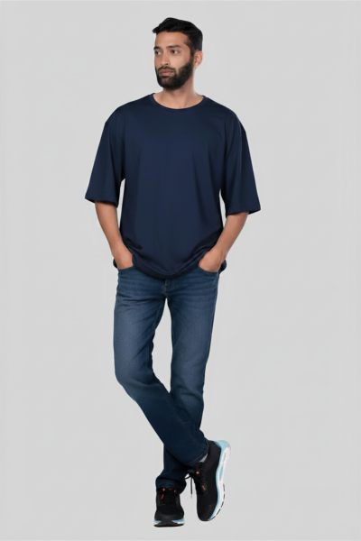 Men's Midnight Blue Solid Round neck Oversized T-shirt
