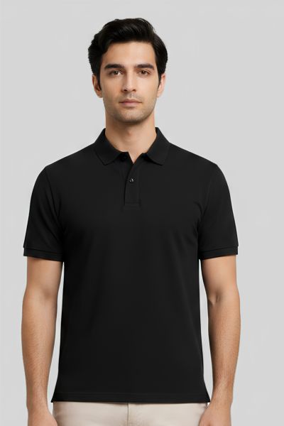 Men~s Vega Black Solid Cotton Polo T-shirt
