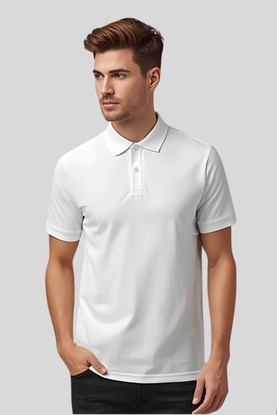 Men~s Vega White Solid Cotton Polo T-shirt
