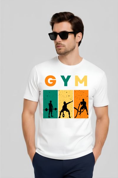 Men~s White  GYM Typography Round Neck T-shirt