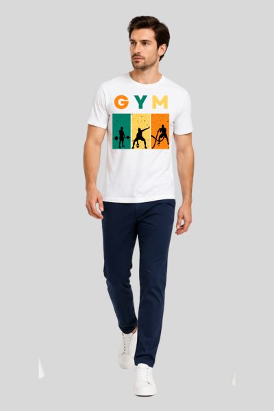Men's White  GYM Typography Round Neck T-shirt