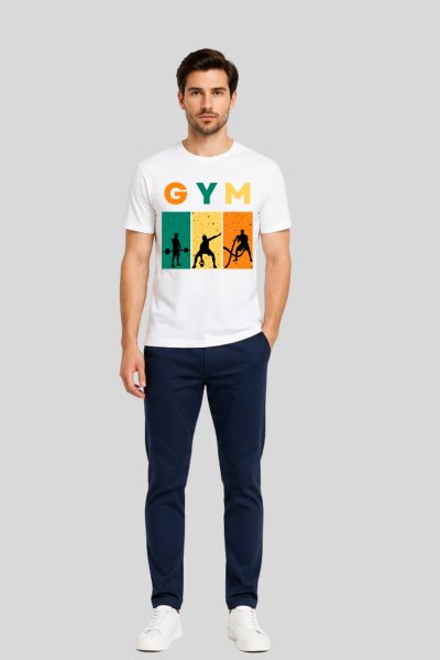 Men's White  GYM Typography Round Neck T-shirt