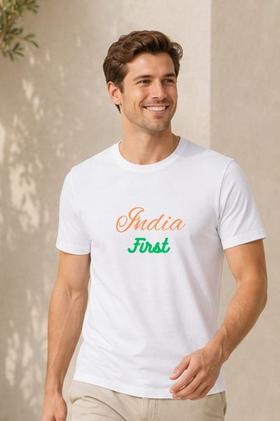 Men~s White India First Graphic Round Neck T-shirt