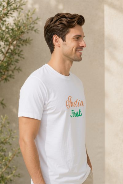 Men's White India First Graphic Round Neck T-shirt