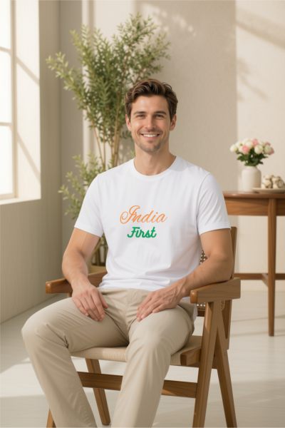 Men's White India First Graphic Round Neck T-shirt