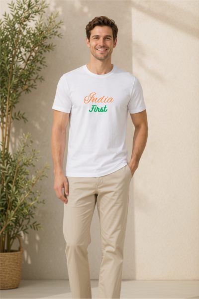 Men's White India First Graphic Round Neck T-shirt