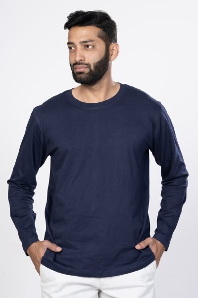 Shleviro Men~s Cygnus Navy Blue Solid Cotton Full Sleeve T shirt