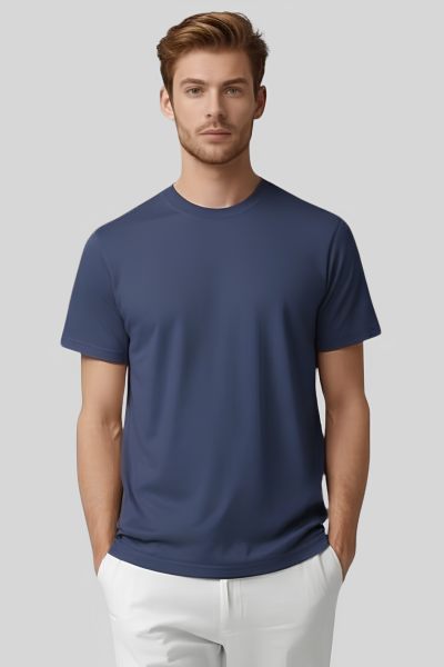  Men~s Eta Indigo Blue Solid Round Half Sleeve Neck T-shirt