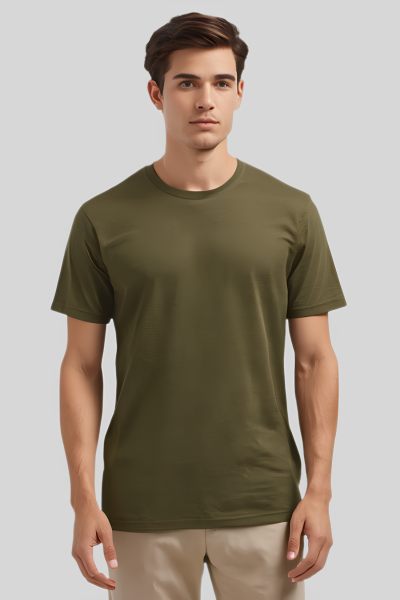 Men~s Eta Olive Green Solid Round Neck Half Sleeve T-shirt