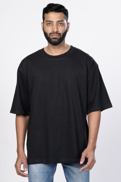 Shleviro Men~s Leo Black Solid Round Neck Oversized T-shirt