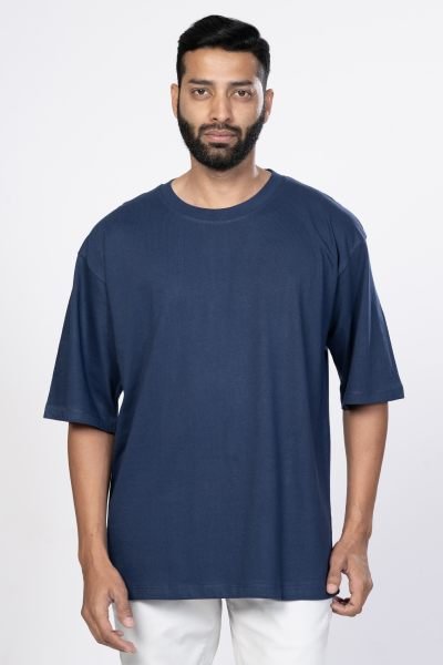 Shleviro Men~s Neo Navy Blue Solid Round Neck Oversized T-shirt